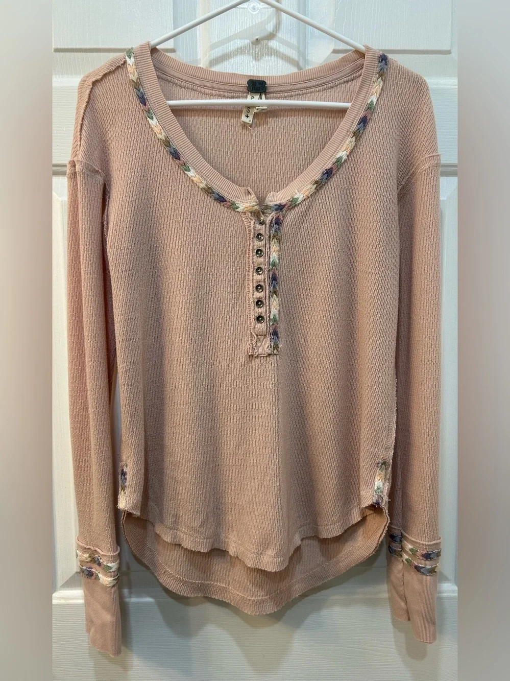 Free People Pink Thermal Henley Size S‎ Rainbow Embroidered Trim Boho Festival